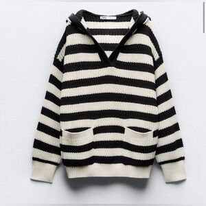 ZARA Hooded Knit Sweater Striped Cotton Long Sleeve Front Pockets Preppy Coastal